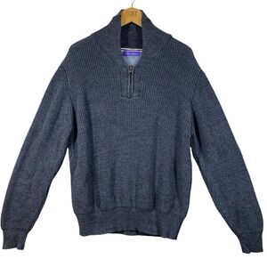 Alan Flusser Mens XL Blue Cotton Quarter Zip Shawl Collar Pullover Sweater